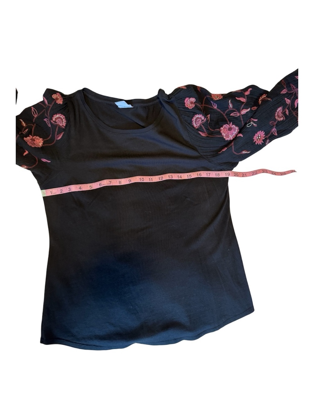 Chico's Black Knit Top with Floral Embroidered Balloon Sleeves Size Medium - Picture 6 of 11